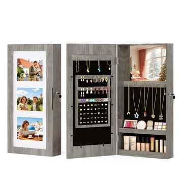 Wall Mount Jewelry Organizer with 3-Photo Frame and Mirror, Grey Oak