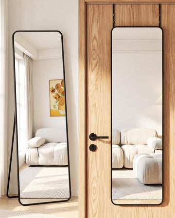 48"x14" Over the Door Mirror, Full Length Mirror with Stand, Black