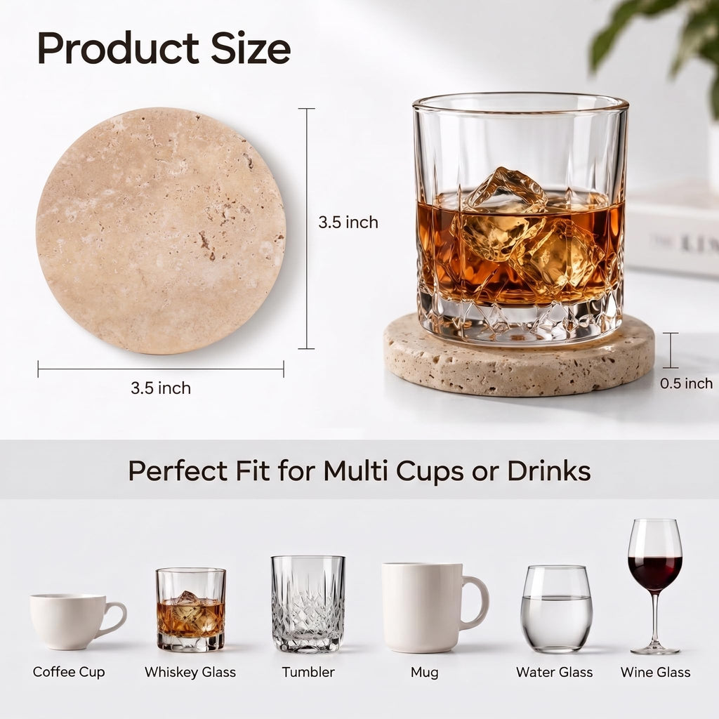 Travertine Coasters Set of 6 for Drinks, 3.5 Inch Round Coaster