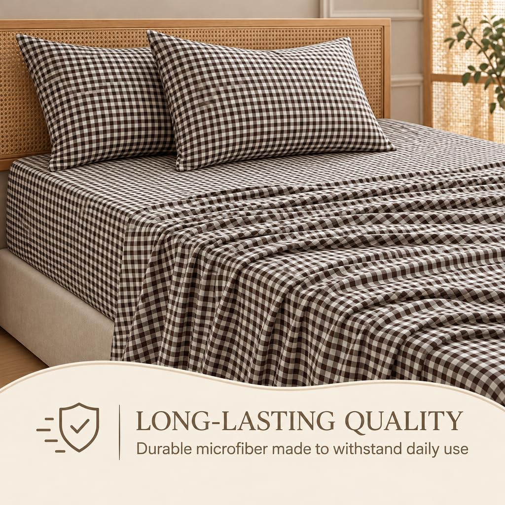 18-24 Inches Extra Deep Pocket Queen Sheets, Mocha Gingham
