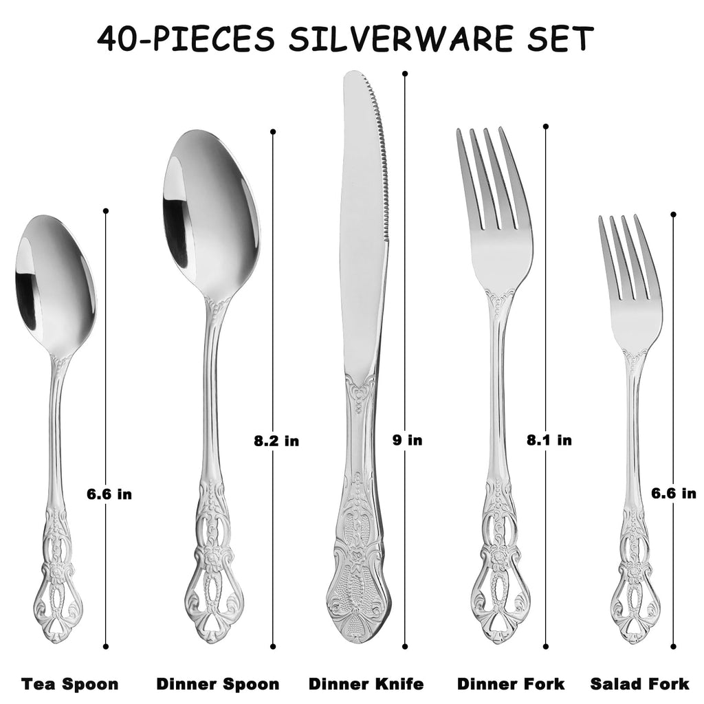 40 Piece Gorgeous Retro Royal Silverware Set for 8, Premium Stainless Steel Flatware Set with gift box, Mirror