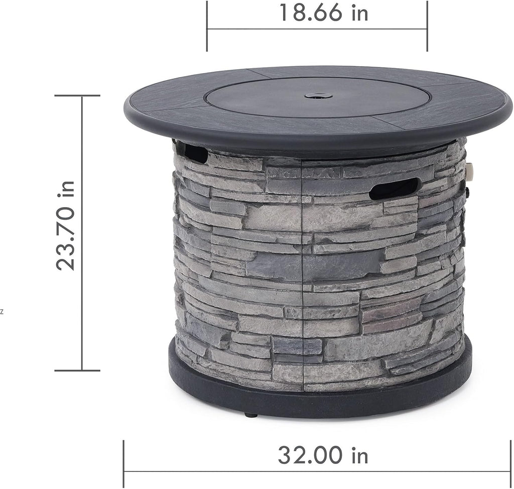 32-Inch Outdoor Porcelain Tile Gas Fire Table, 50,000 BTU Round Propane Fire Pit Table, Concrete Composite Firepit Base with Lid and Rocks