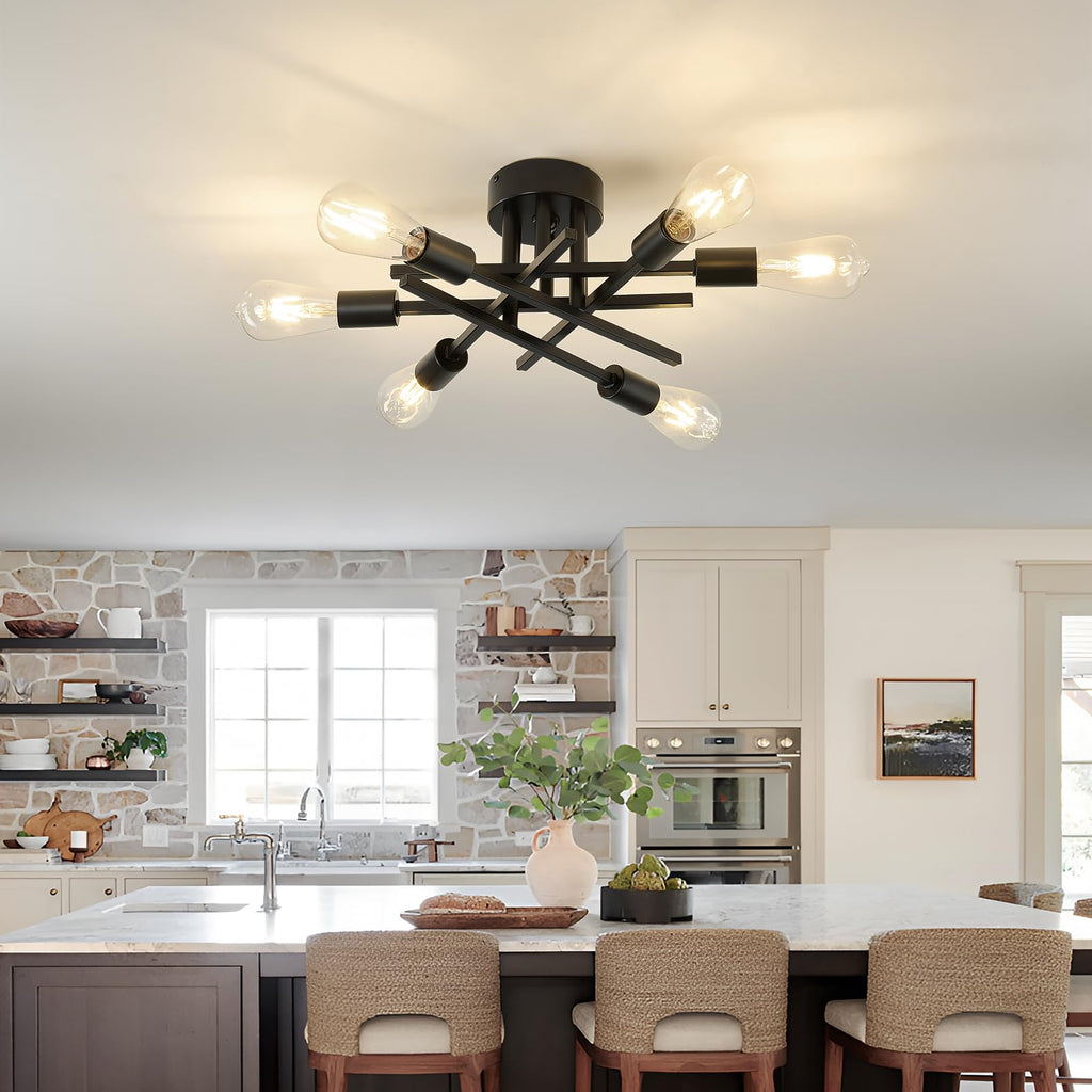 Semi Flush Mount Motion Sensor Ceiling Light Fixture, 6 Lights Black Vintage Matte Sputnik Chandelier Ceiling Lamp