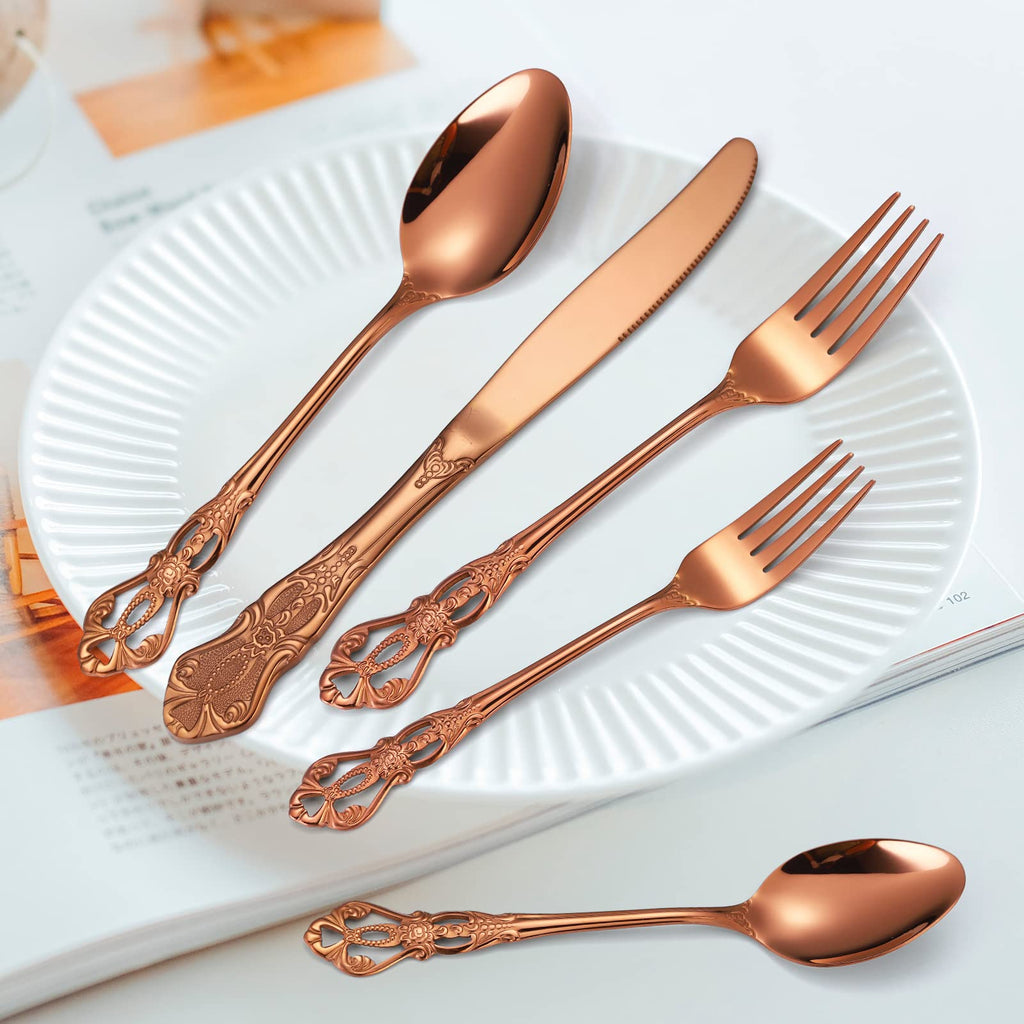 Royal Flatware Set for 4 Copper/Rose Gold Silverware Stainless Steel Cutlery 20 Piece With Vintage Relief Deisgn