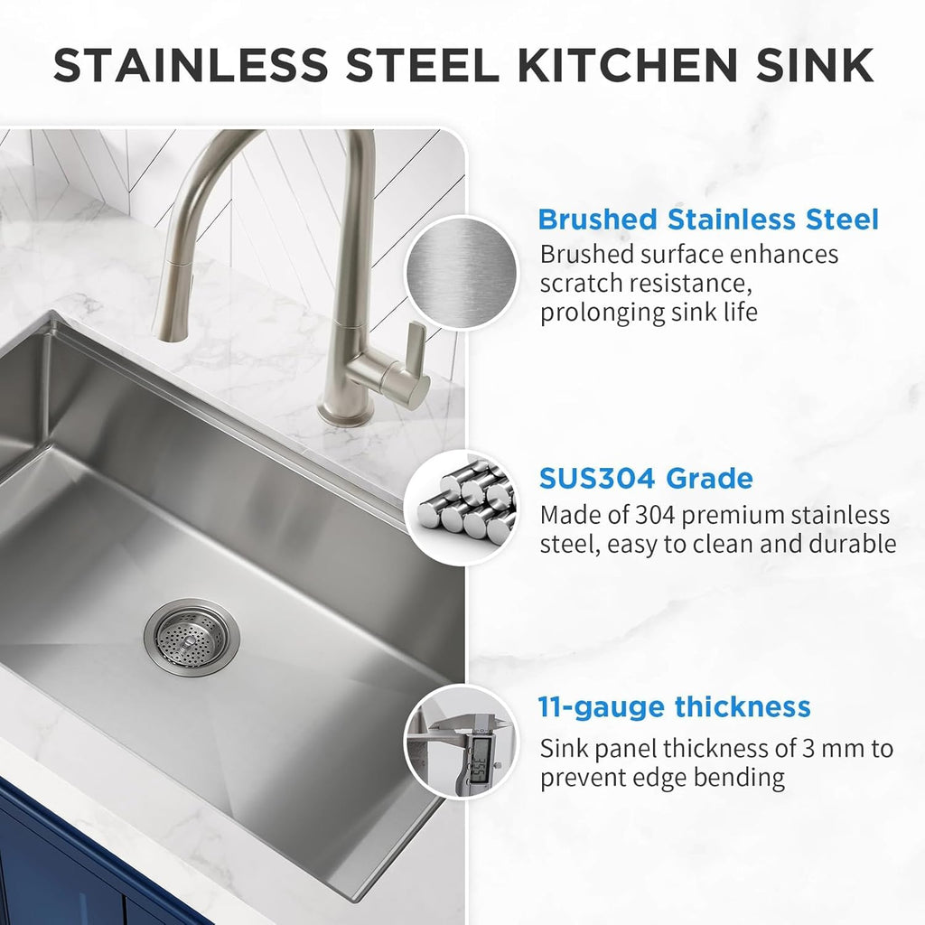 32" x 19" Multifunctional Undermount Workstation Kitchen Sink S304 Stainless Steel Handmade Modern Single Bowl