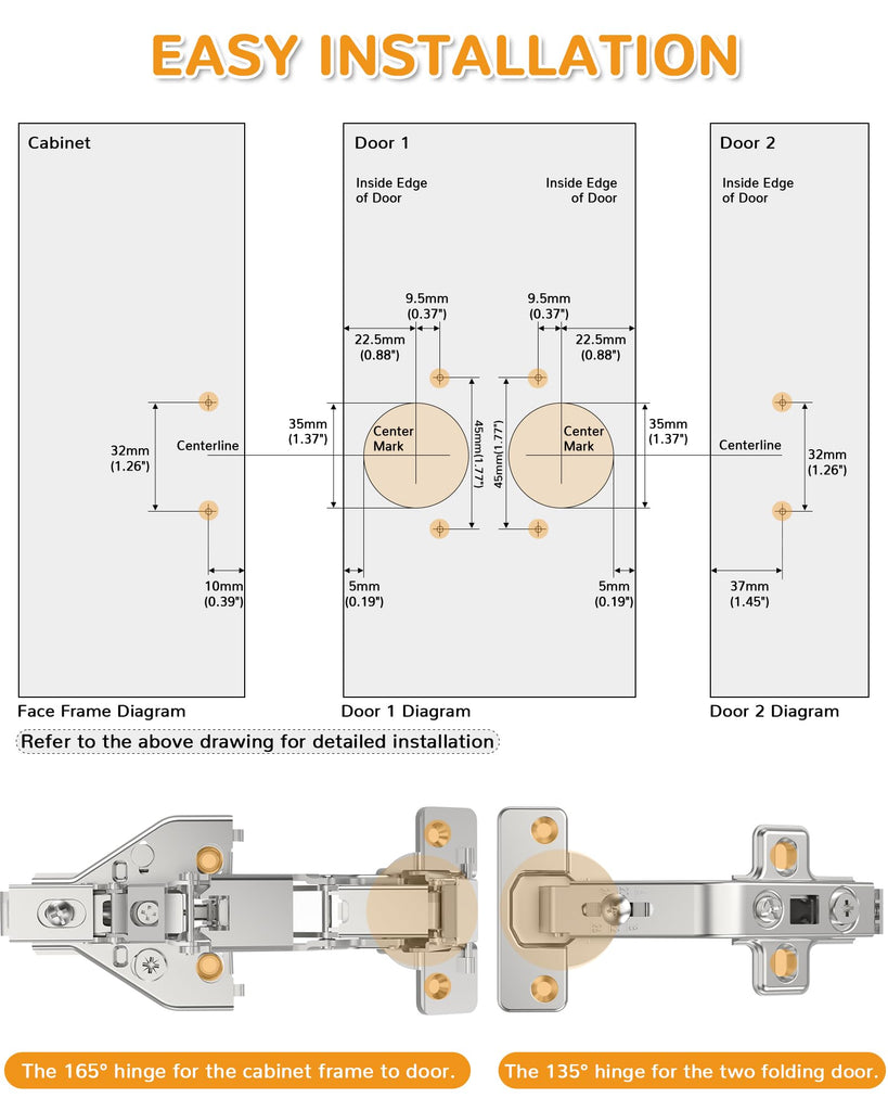 2 Pair 135 Degree & 165 Degree Hinges Kit for Pie Corner Cabinets, Hidden Lazy Susan, Face Frame Self Closing, Clip