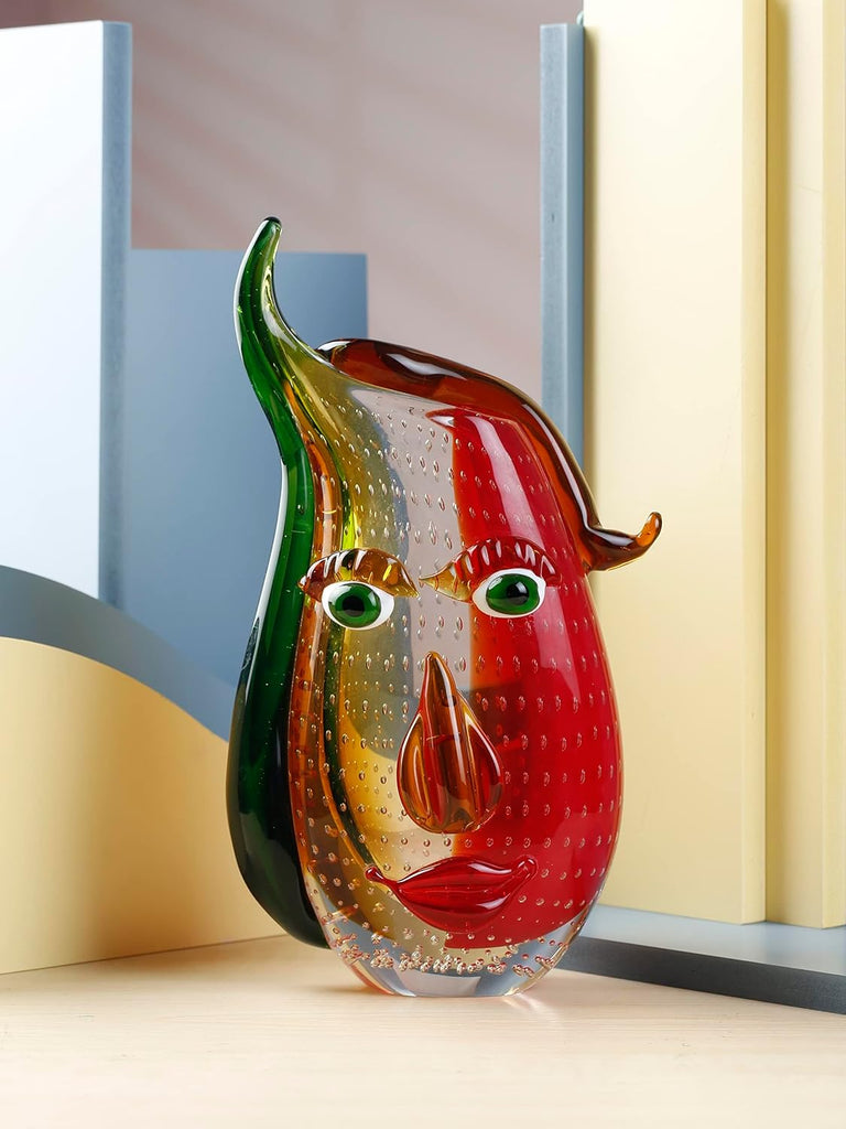 Murano-Style Art Glass Vase with a Face - 12.6" Tall Mouth-Blown Artistic Sculpture with Vibrant Colors & Accents