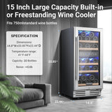 15 Inch Dual Zone Wine Fridge, 30 Bottle, Black 15” Wine Cooler Under Counter Fo