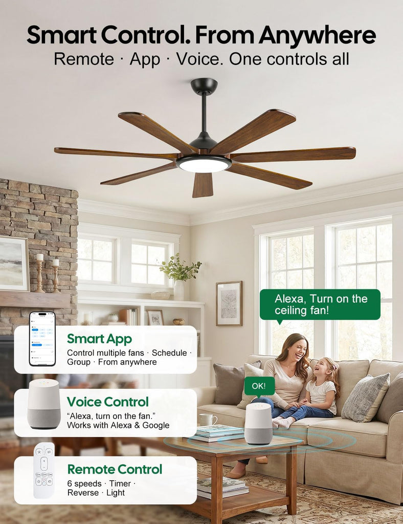 60 inch Smart Wood Ceiling Fan with Light, Remote/Alexa/App Control, Farmhouse Rustic Style, 7 Solid Walnut Blades