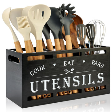 Large Black Wood Utensil Holder Decor Spoon Spatula Organizer