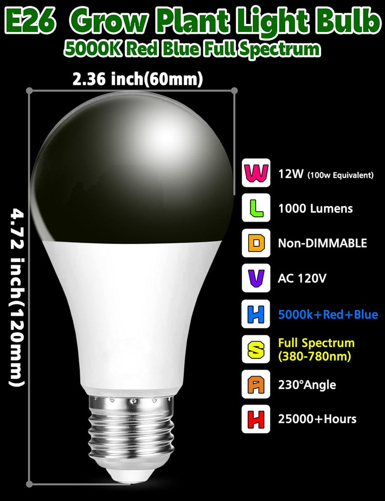 Full Spectrum E26 A19 LED Grow Light Bulbs, Plant Bulb,100w Equivalent