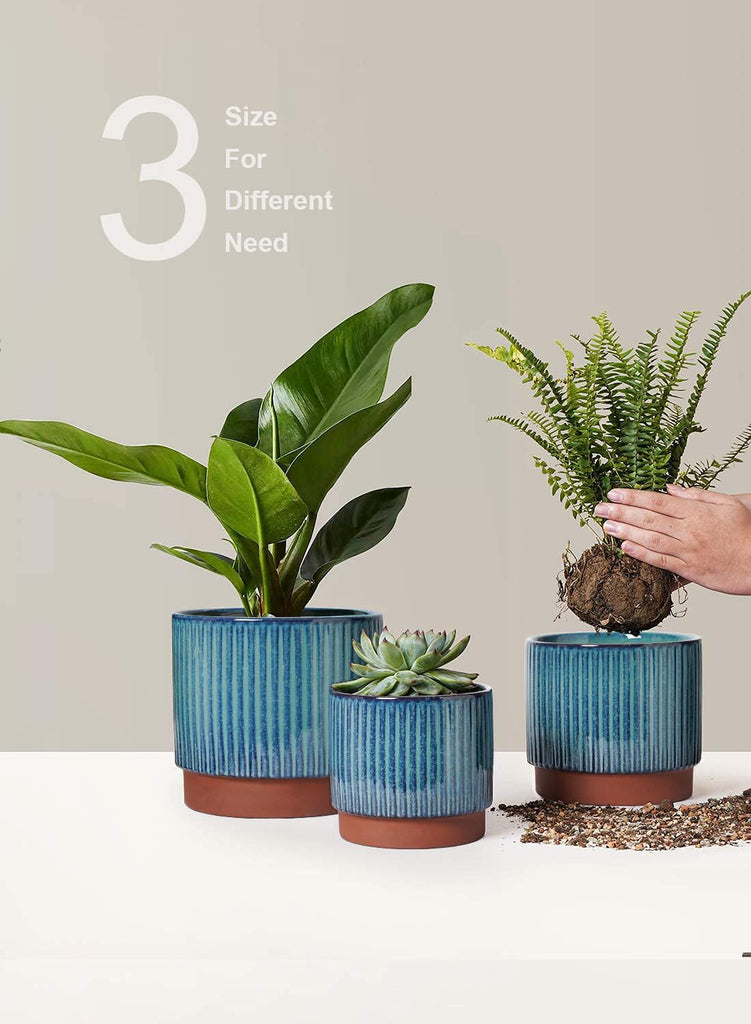 Ceramic Plant Pots with Drainage Holes, Set of 3, 8+6.7+5.5 Inch Stripe Garden Planter Pots for Outdoor Indoor Plants