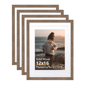12x16 Picture Frame Rustic Brown Solid Wood 4 Pack, Mat 11x14/9x12