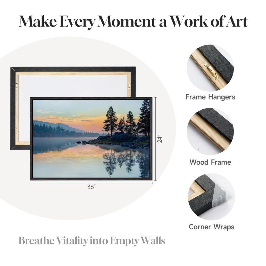 Framed Sunset Mountain Lake Landscape Wall Art, 24x36 Inch