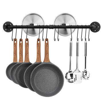 31.5 inch Pot Rack, Kitchen Wall Mounted Detachable Pan Lid Utensils Organizer Hanging Rail with 14 Hooks, Black