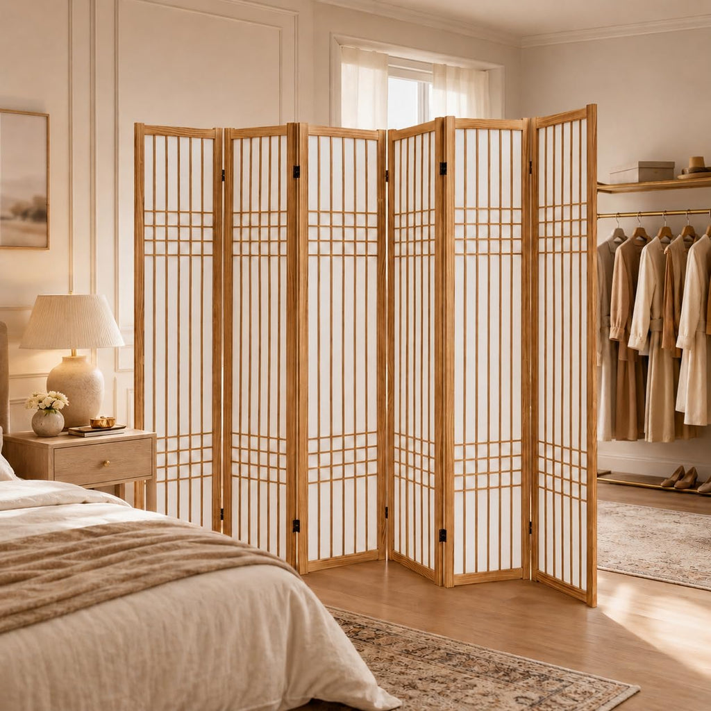 6 Panel Room Divider Folding Privacy Screen Light Brown