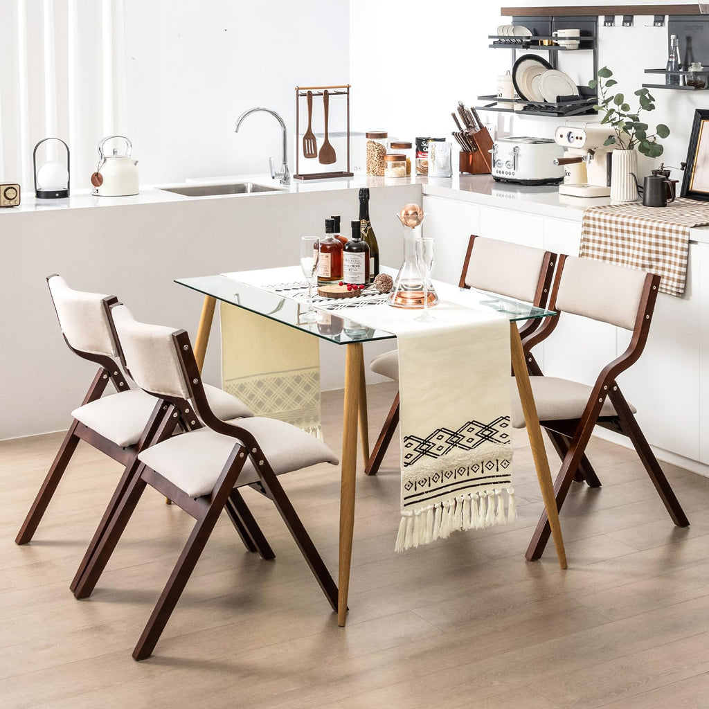 Folding Dining Chairs Set of 4, No Assembly Folding Chairs w/Linen Padded Seats, Wood Foldable Kitchen Chairs, Easy