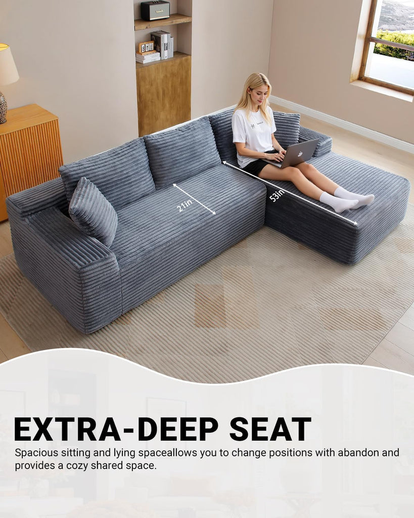 108" Cloud Boneless Couch, L-Shaped Sectional Sofa, Grey