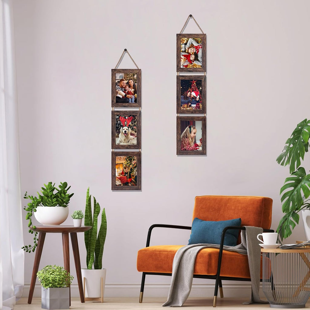 Wall Hanging 5x7 Picture Frames Set of 2, Vertical Collage Distressed Brown Triple Frame Made to Display 5 by 7 inch