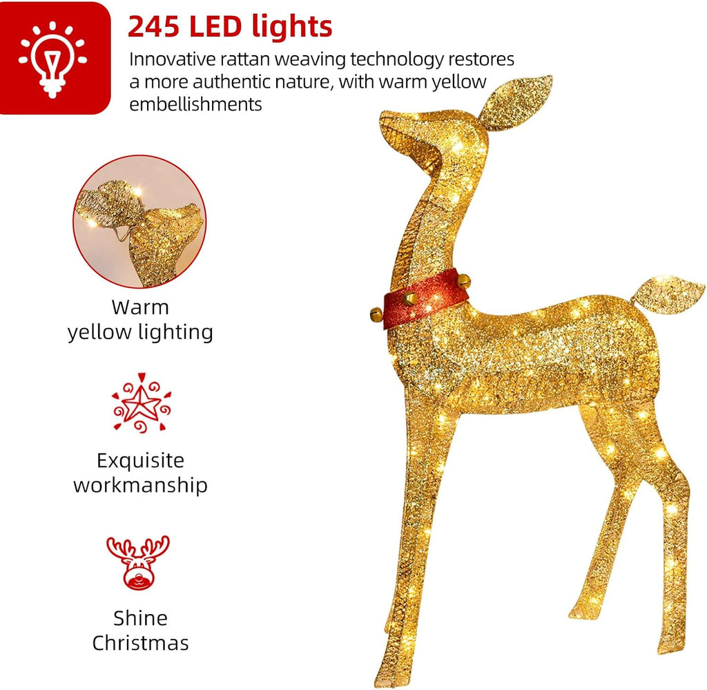 Christmas Decorations Outdoor Reindeer Family - 4-Piece 3D Lighted Deer Set with 245 LED Lights, Yard Christmas Decor