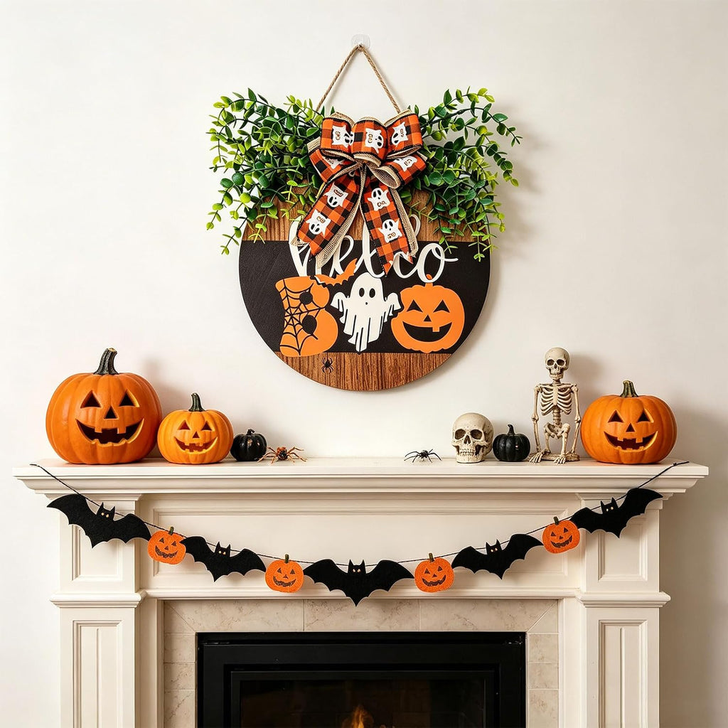Halloween Boo Wreath Round Decorative Sign with Ghost and Pumpkin