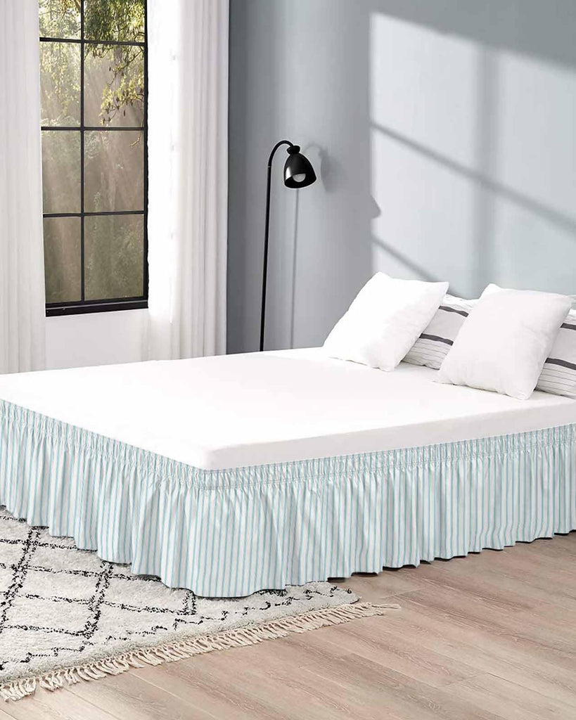 Blue Striped Bed Skirt 18 Inch Drop, Adjustable Elastic Wrap Around Bed Skirts Easy Fitting Dust Ruffle