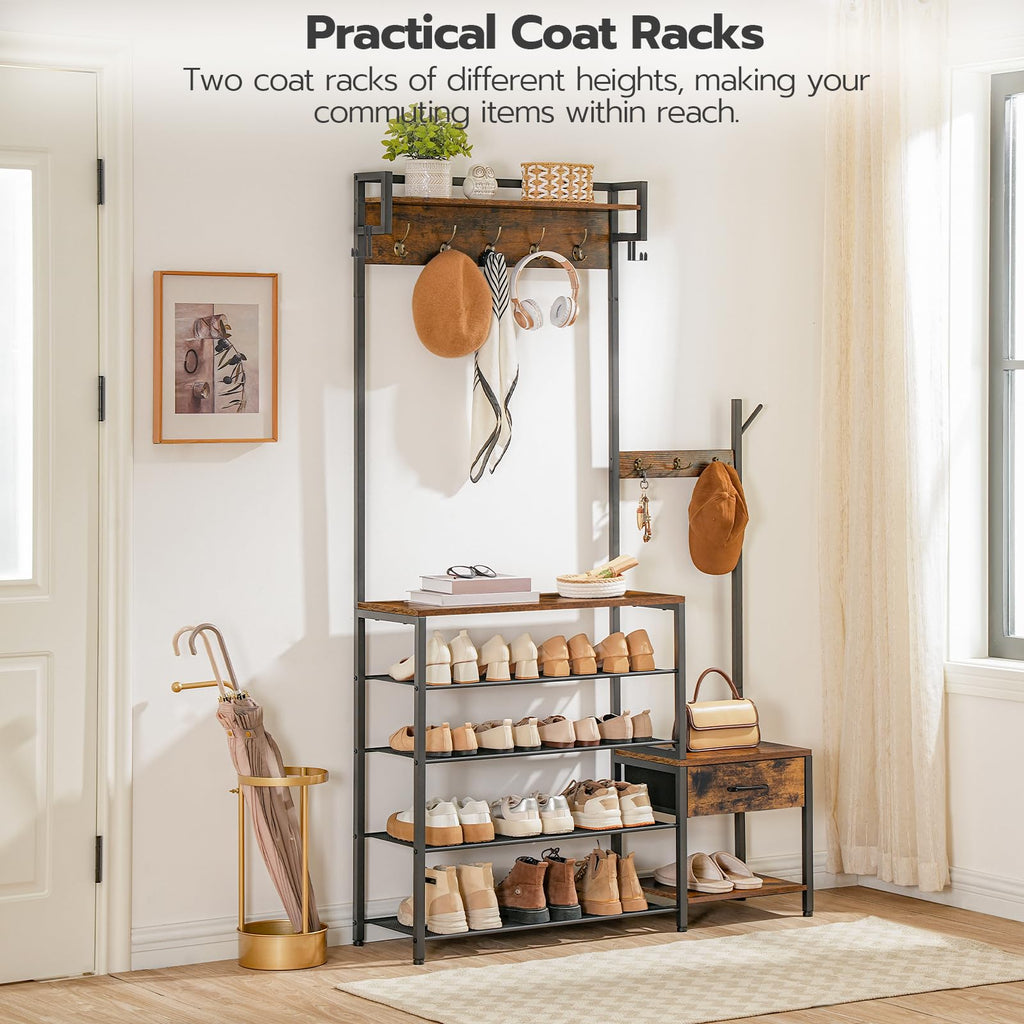 Hall Tree, Entryway Coat Rack Shoe Bench, Shoe and Coat Rack, Hall Tree Coat Rack, with Non-Woven Fabric Drawer, for