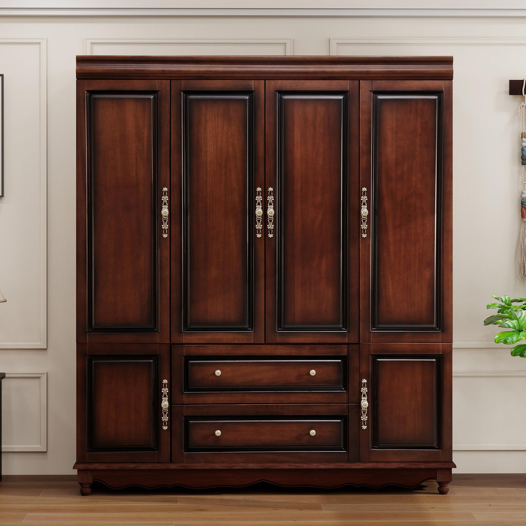 Solid Wood Armoire:Wardrobe Closet with Drawers and Hanging Rod