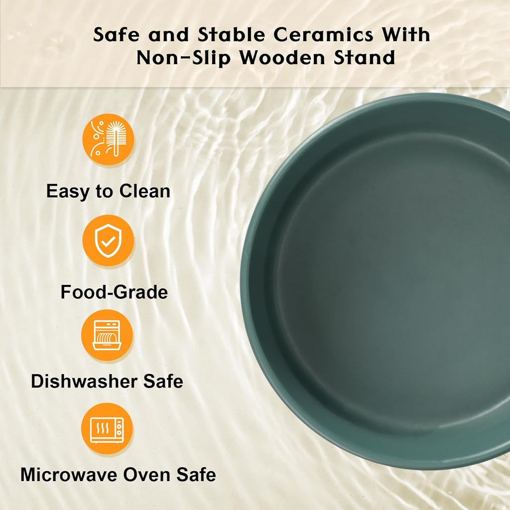 Ceramic Elevated Dog Bowls 2 Pack - 5.1inch Raised Dog Bowls with Non-Slip Wooden Stand for Small Dogs Dishwasher
