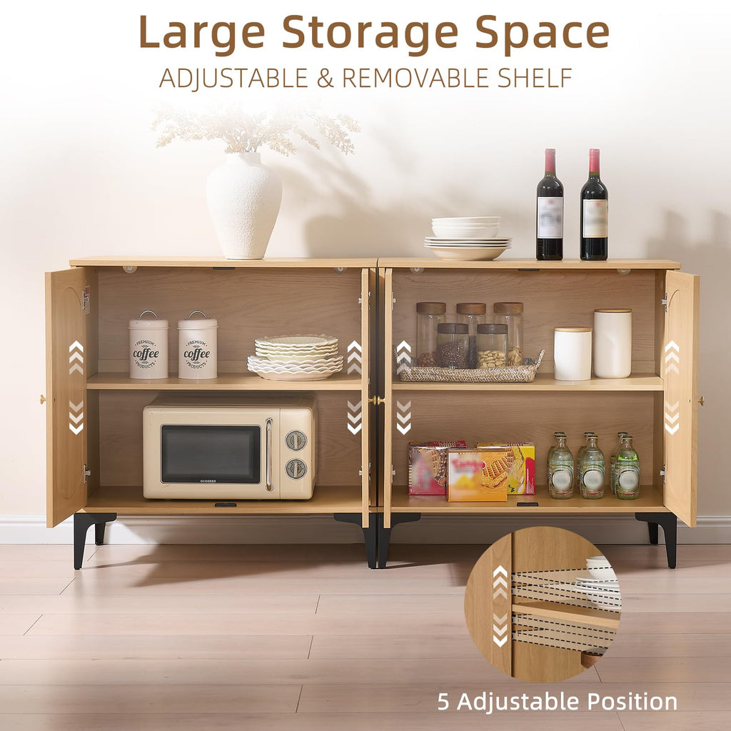 123.6" W Fluted Arched Buffet Cabinet with Storage, Natural Oak