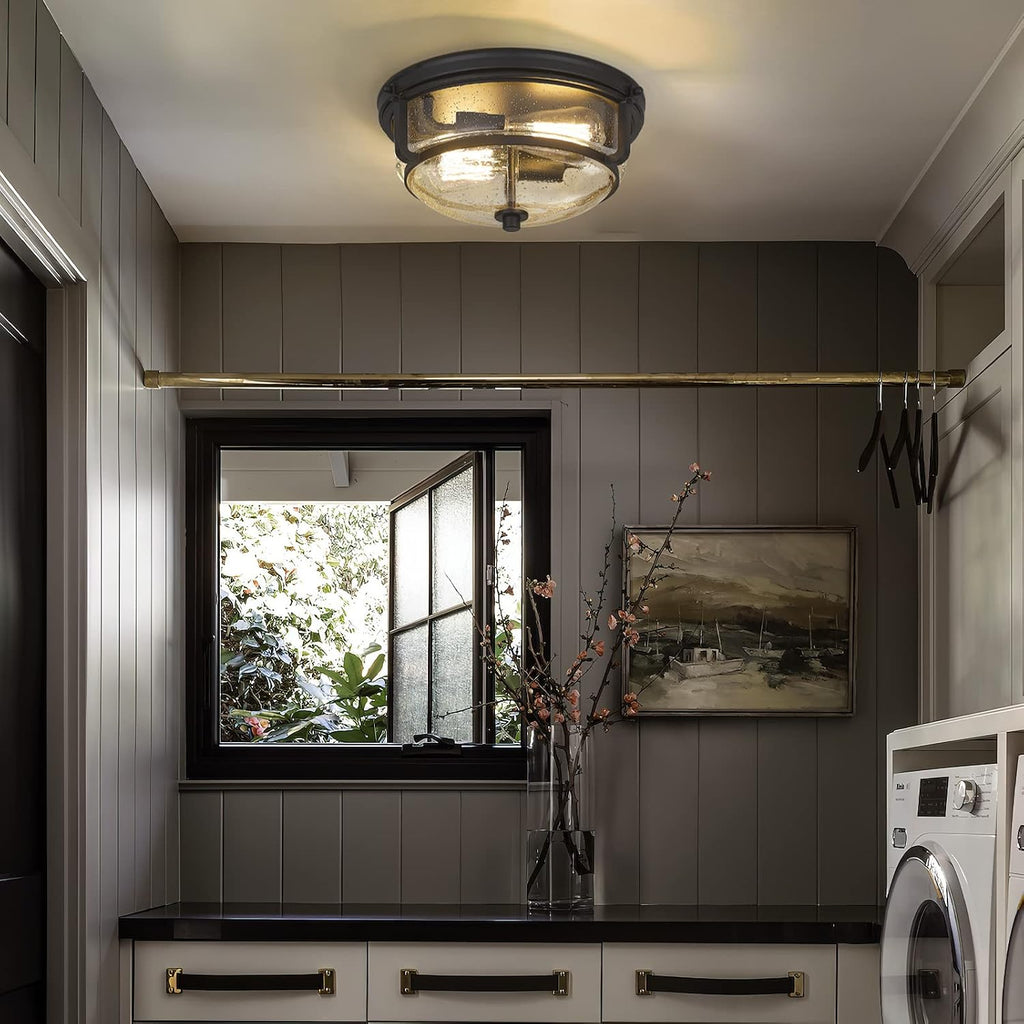 12 Inch Ceiling Light with Seeded Glass Shade - Indoor Outdoor Modern Flush Mount Ceiling Light Fixture, Black Finish