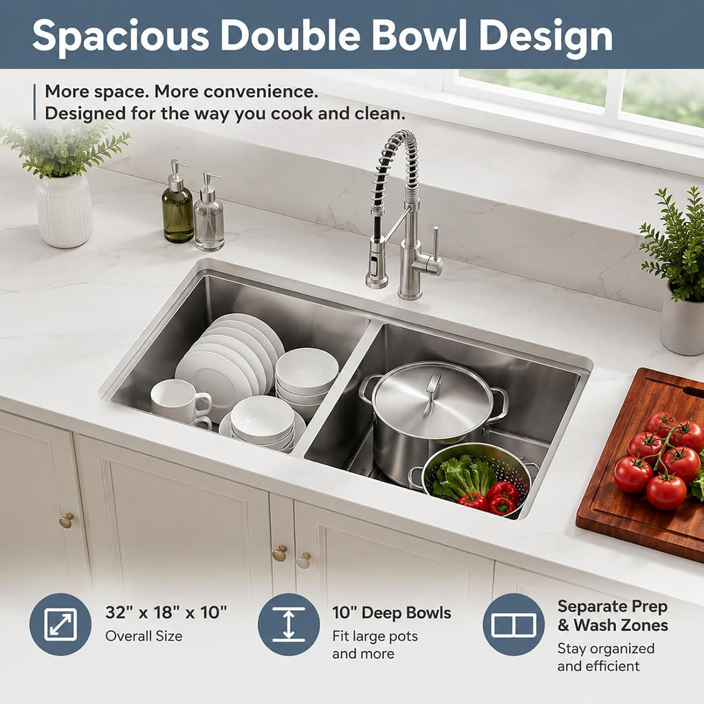 Double Undermount Kitchen Sinks 32 Inch, 16 Guage T304 Stainless Steel Sink | 32" x 18" x 10" Deep Large Workstation