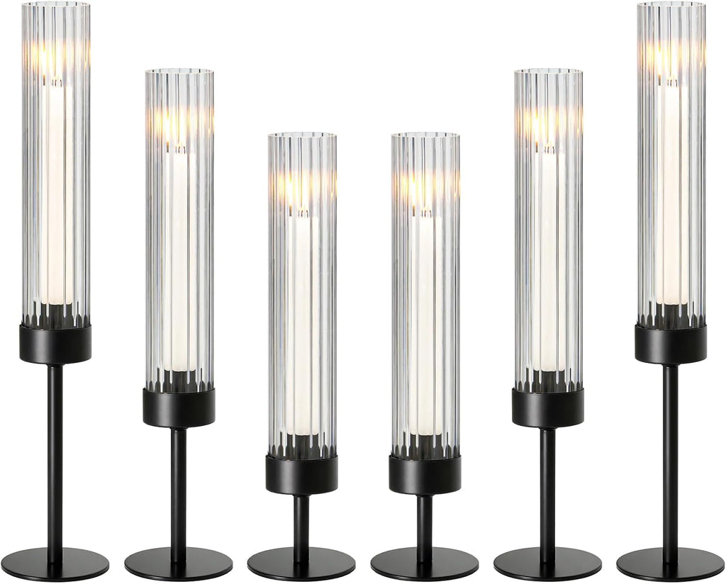 Metal & Acrylic Taper Candle Holders with Ribbed Design - Hurricane Clear Cylinder Candelabra, Dining Table