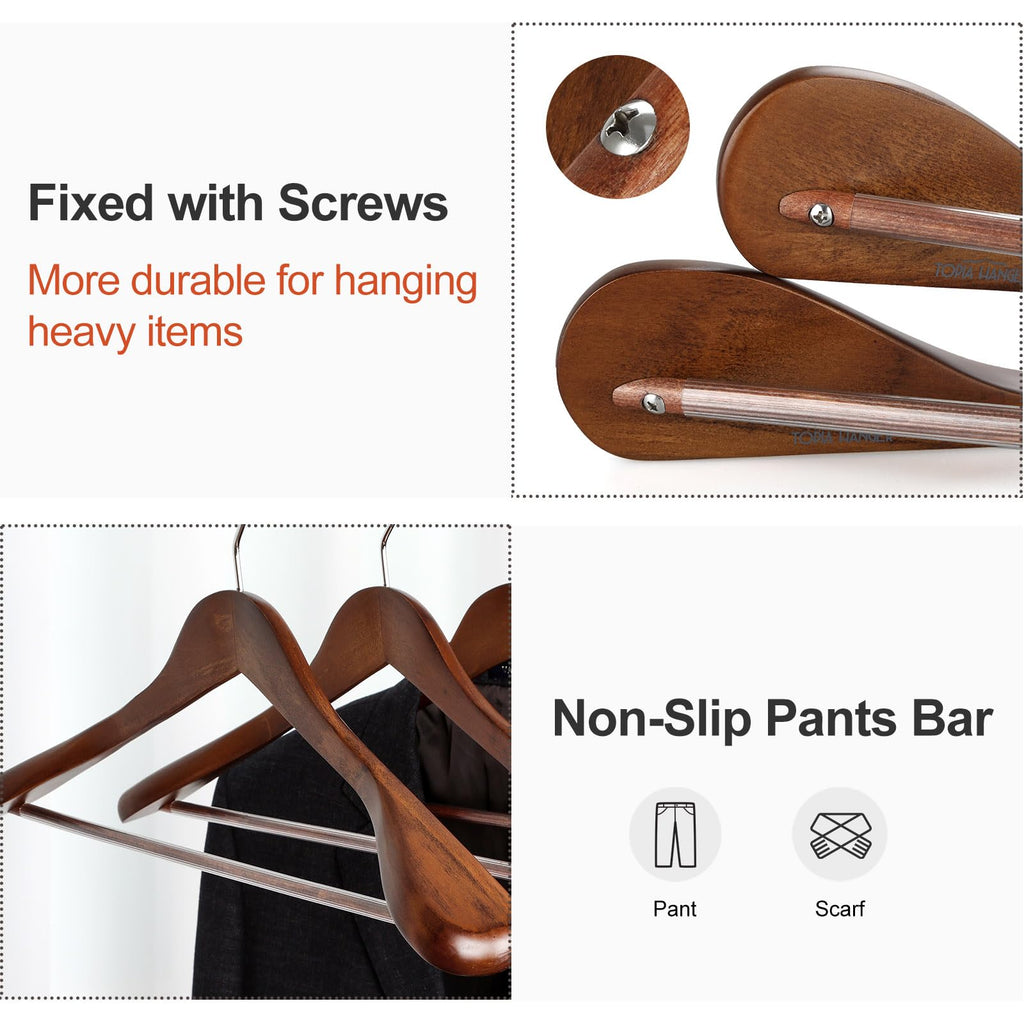Wide Shoulder Wooden Hangers, Suit Hangers with Non Slip Pants Bar & 360° Swivel Hook, Solid Wood Heavy Duty Coat