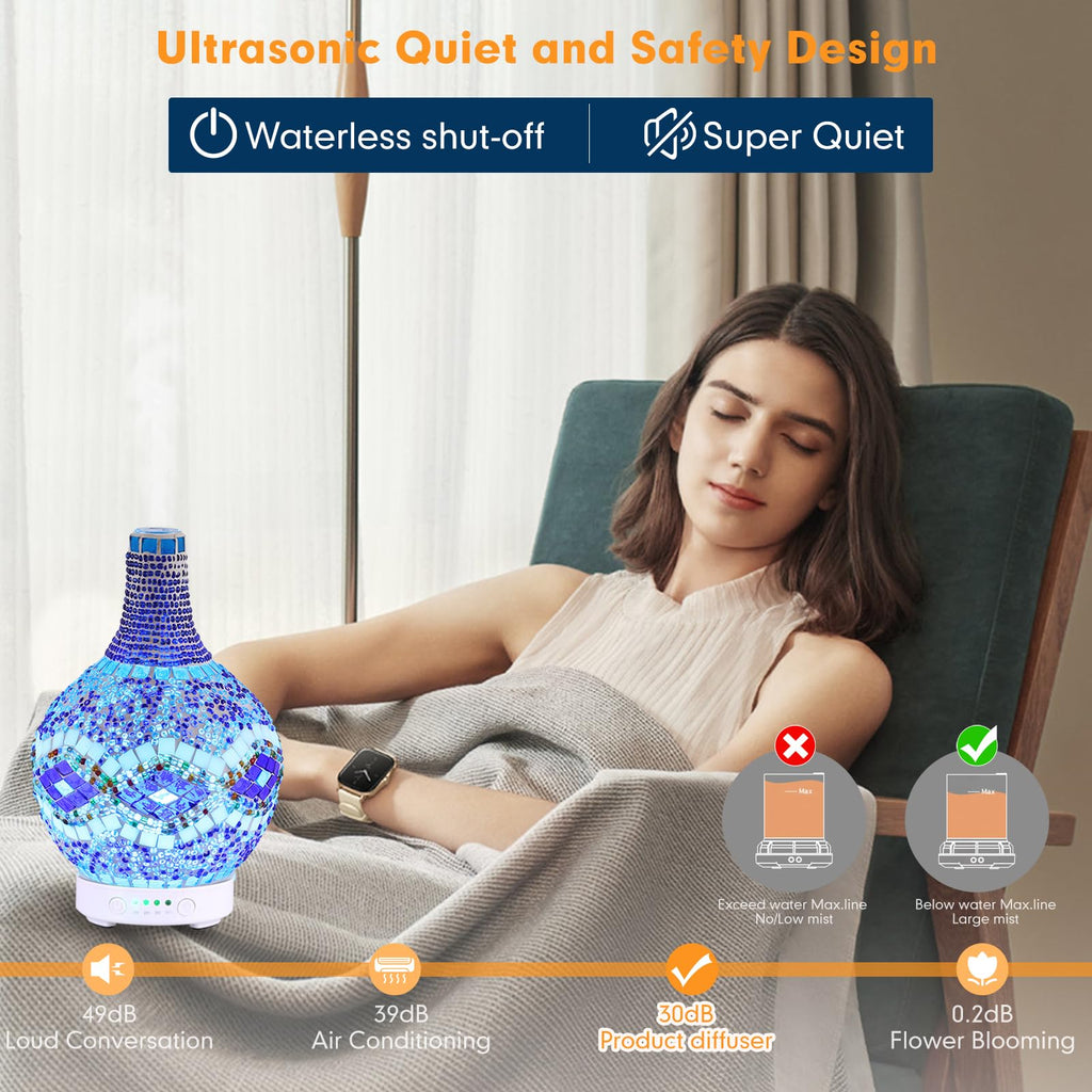 Mosaic Glass Essential Oil Diffuser, Tiffany Aromatherapy Diffuser 100ml Turkish Moroccan Color Changing Aroma