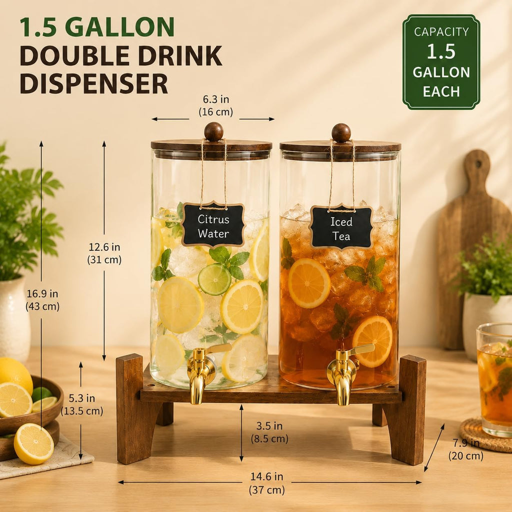 1.5 Gallon for Parties, 2 Pack Water Dispenser with Wooden Stand & Stainless Steel Spigots, 6L Large Beverage - Set of 2
