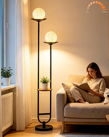 2-Globe Floor Lamp with Tray Dimmable Black Tall Lamps with Shelf