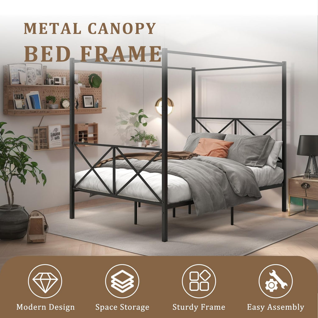 Full Canopy Bed Frame, Metal Canopy Beds with 4 Poster Design and Geometric Accented Headboard and Footboard, No Box