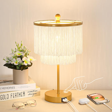 Boho Fringe Table Lamp Living Room, Dimmable Touch Lamp