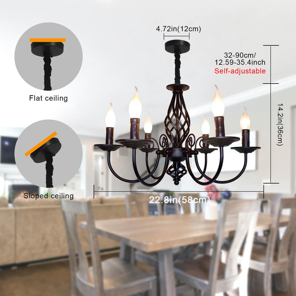 Black Chandelier, 6-Light Farmhouse Candle Light