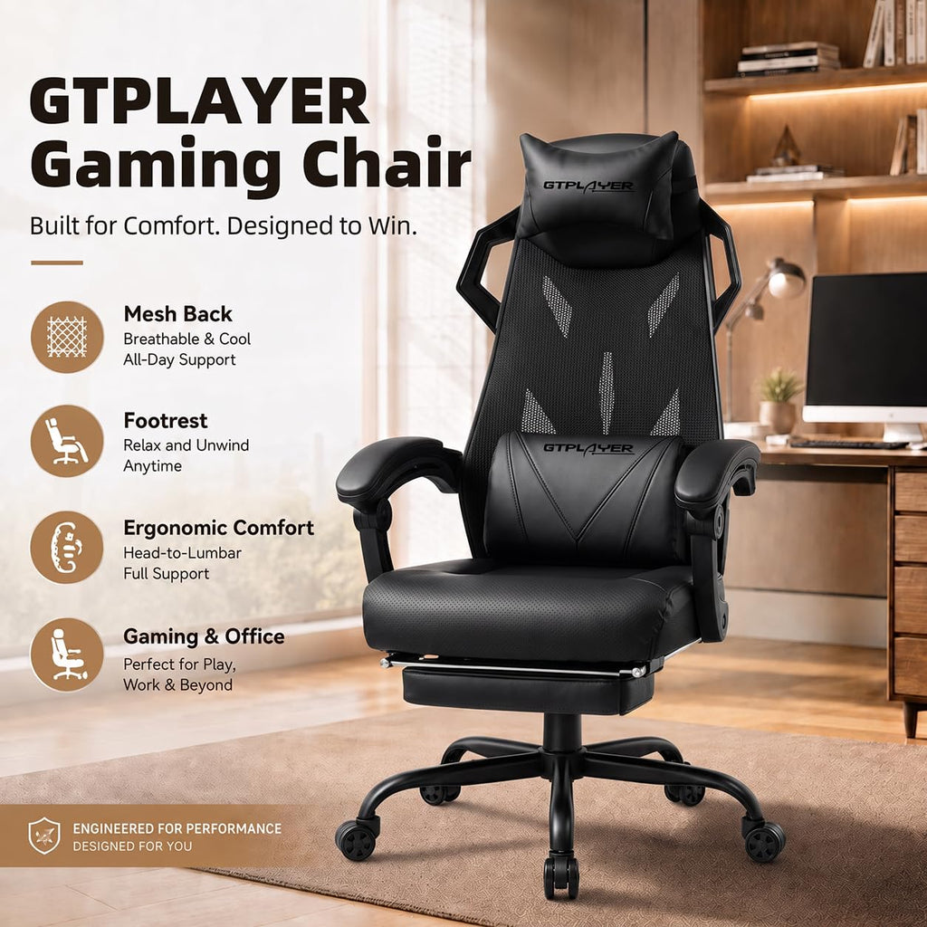 Gaming Chair, Computer Chair with Mesh Back, Ergonomic Gaming Chair with Footrest, Reclining Gamer Chair with