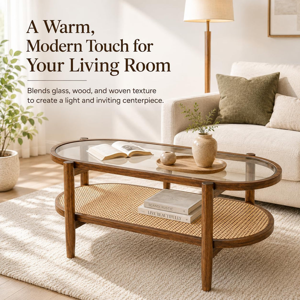 Rattan Coffee Table, 2-Tier Oval Modern Center Table with Tempered Glass Top, Acacia Wood Frame & PE Woven Shelf