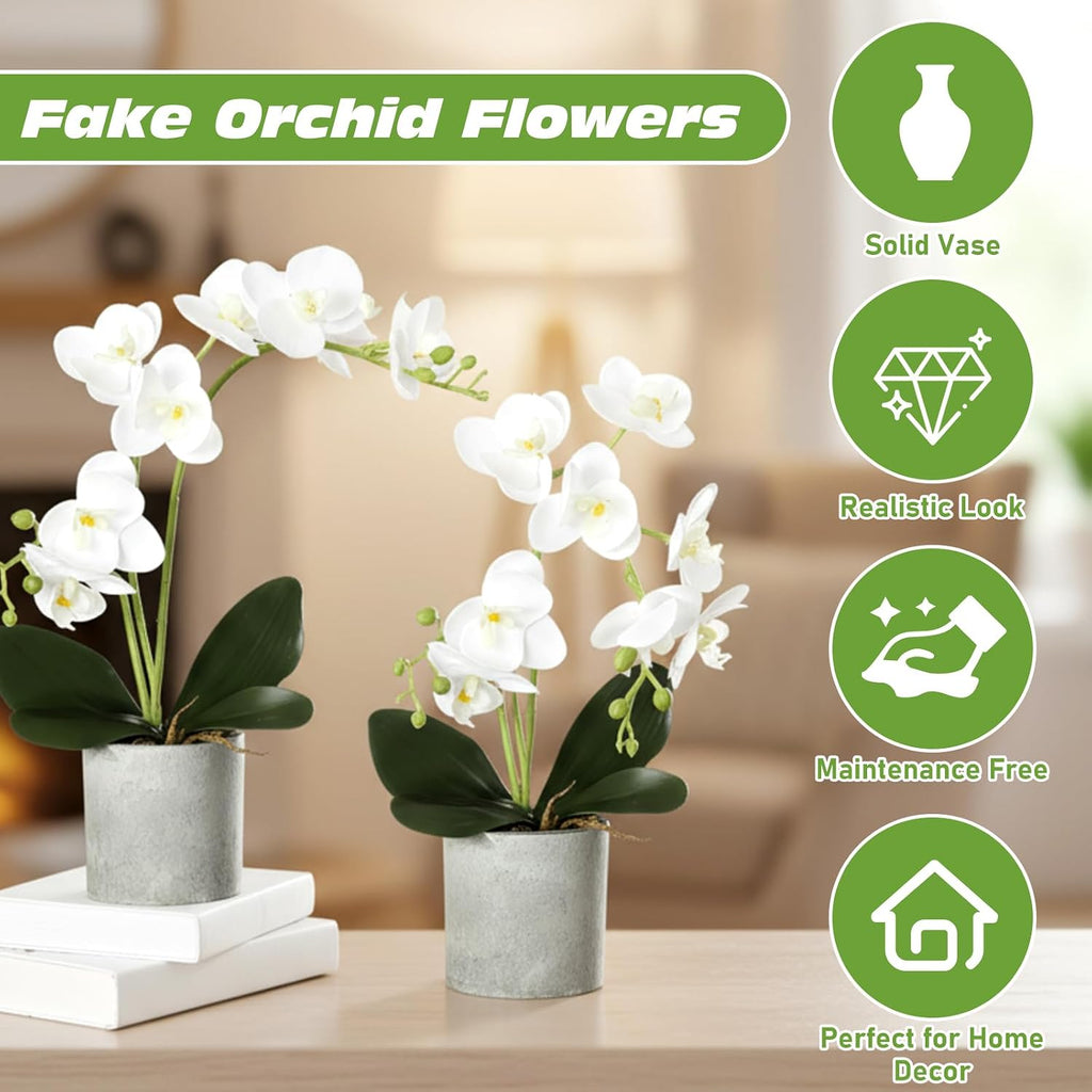 Fake Orchids Flowers in Pot 15.7 Inch Faux Orchids Artificial Floral Phalaenopsis with Vase Orchid Phalaenopsis - Set of 2