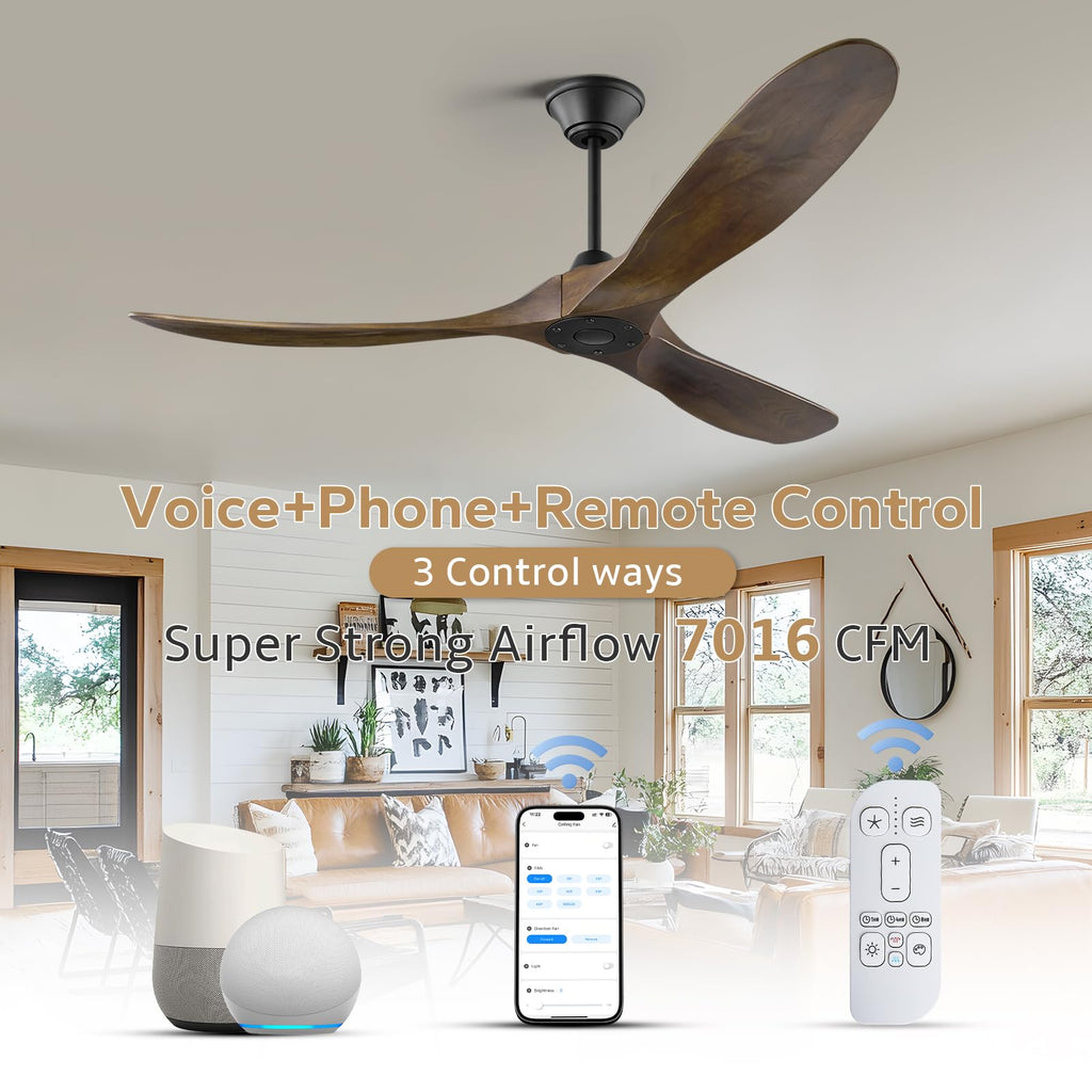 60 Inch Outdoor Ceiling Fan without Light with Smart Control, Large 3 Blade Propeller Wood Ceiling Fans s, Farmhouse