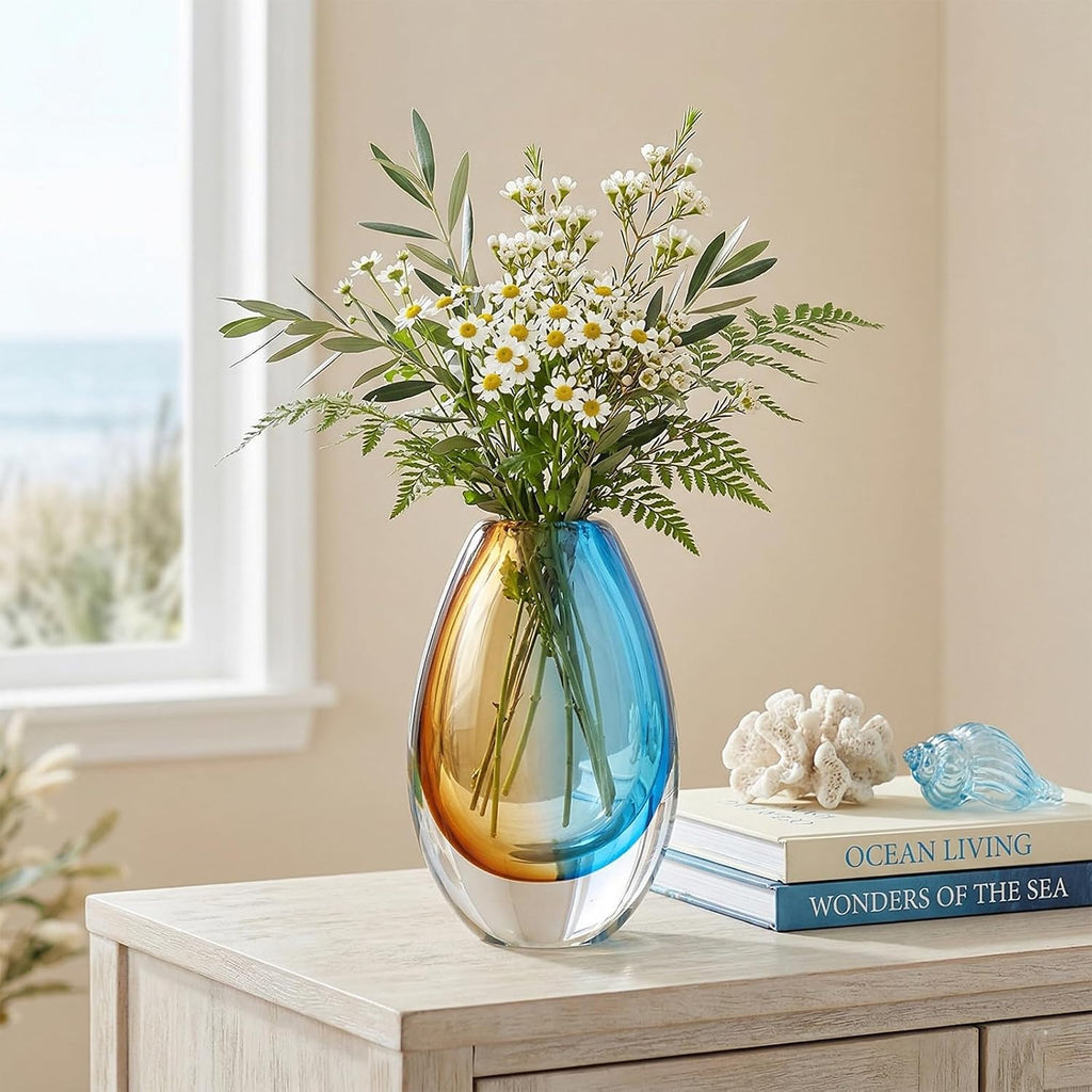 Hand Blown Art Glass Vase, Murano Inspired vase, Amber Blue Decorative Accent with Oval Silhouette for Dining Table