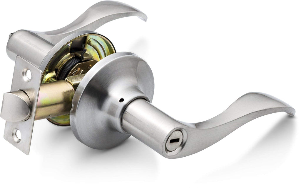 Entrance Lever Door Handle [Lock with Two Keys] or Front Door with a Satin Nickel Finish, Reversible for Right & Left