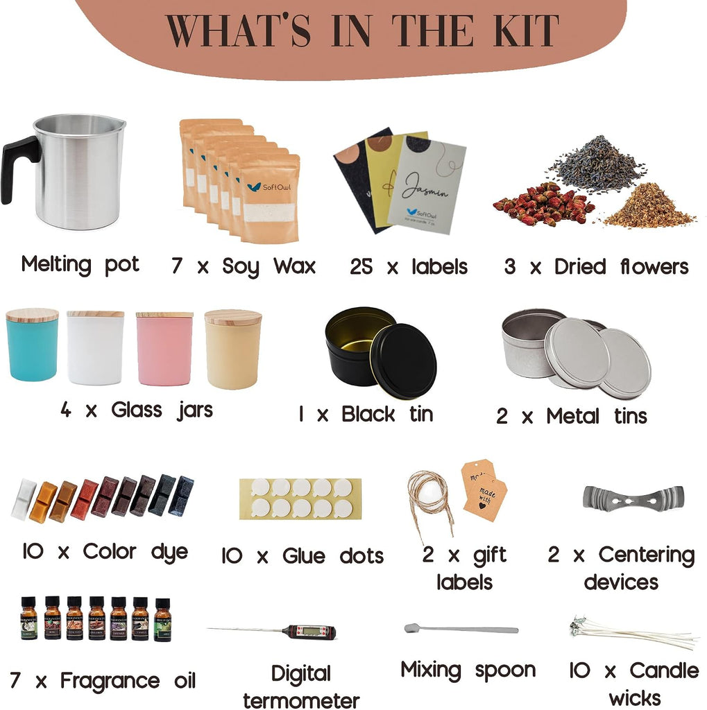 Premium Soy Candle Making Kit - Full Set - Soy Wax, Big 7oz Jars & Tins, 7 Pleasant Scents, Color Dyes & More
