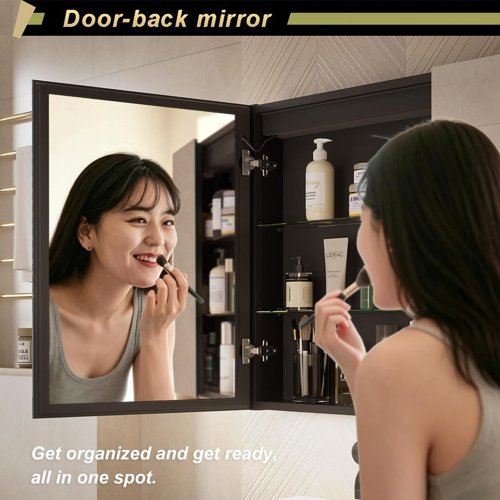 20 * 28 Right Hinge LED Bathroom Mirror Cabinet, Aluminum Medicine Cabinet | Light Adjustable, Sockets & USBs inside
