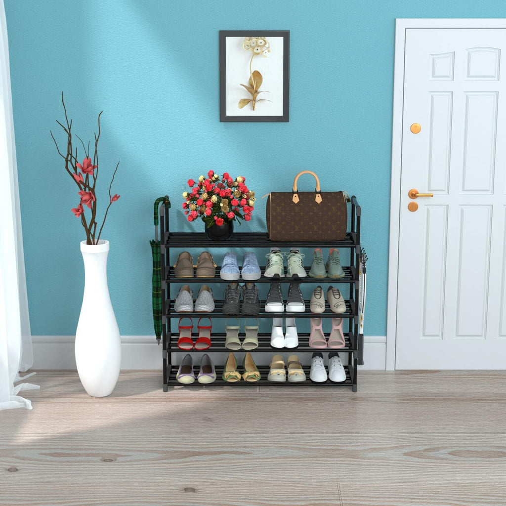 Shoe Rack for Closet, 5-Tier Metal Shelf Storage with Hooks, Black