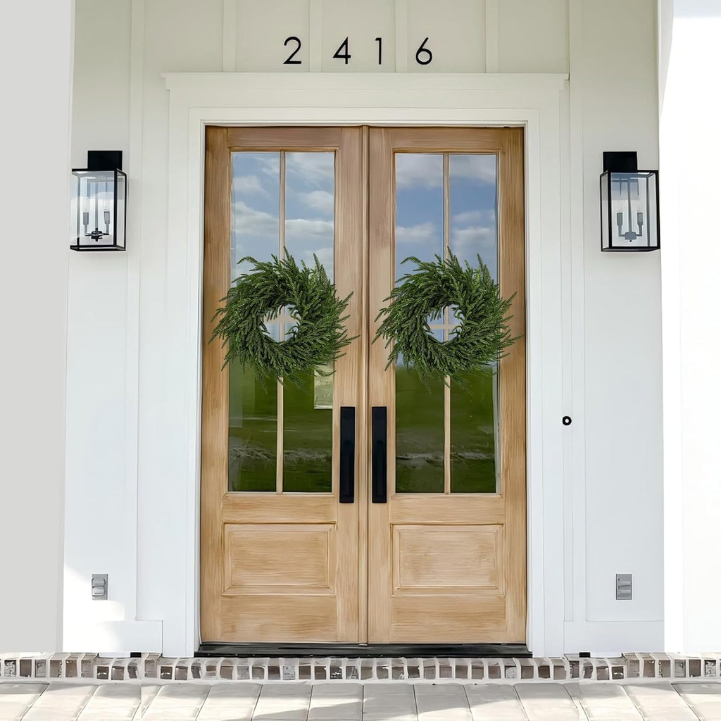 2 Pack Artificial Christmas Wreaths for Front Door, Norfolk Pine & Cedar Greenery with Red Velvet Bows, Real Touch